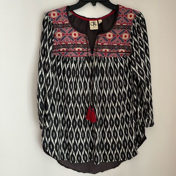 Anthropologie One September Women tribal polka dot tassel embroidered shirt Sm - Picture 2 of 10